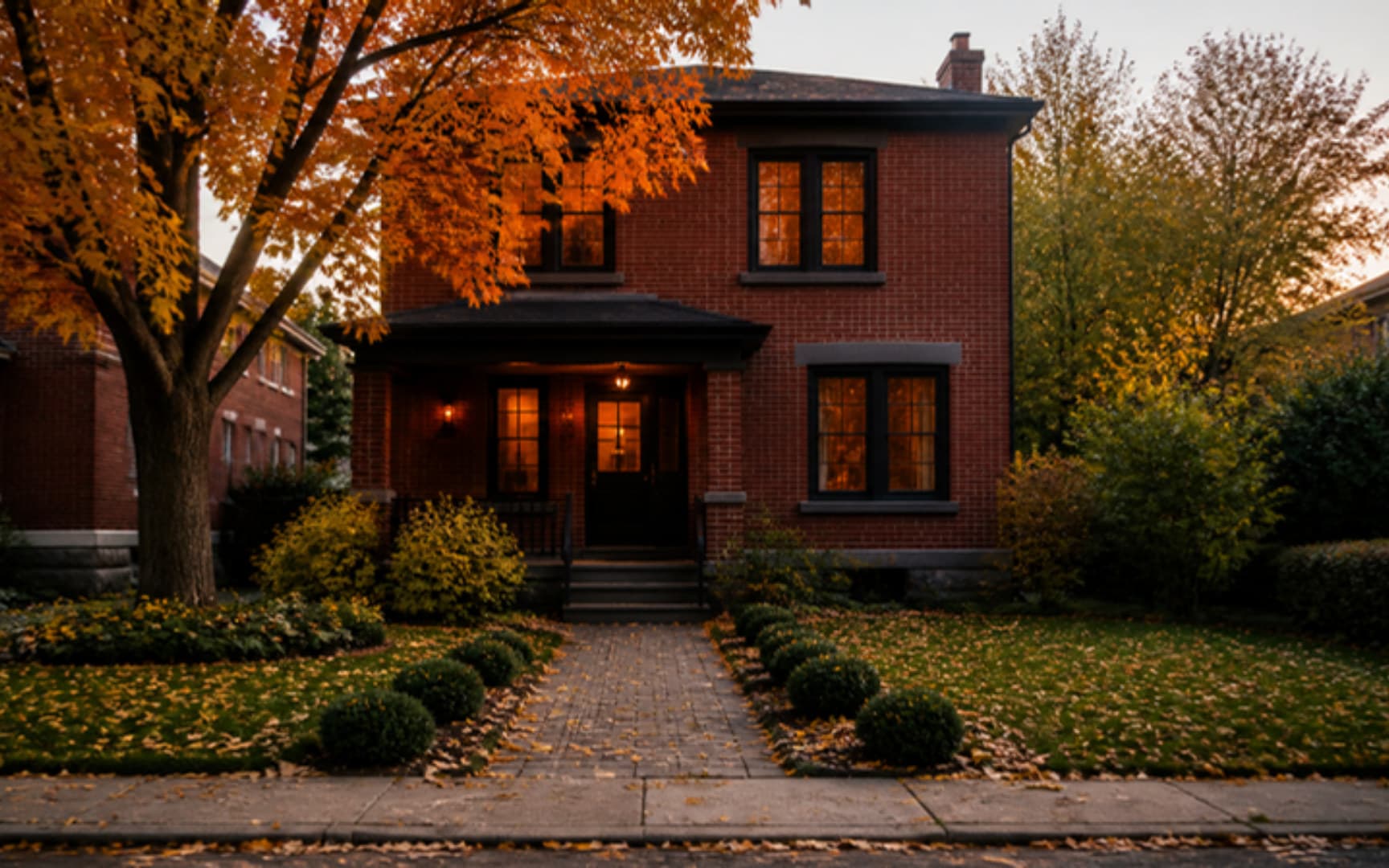 Maison unifamiliale en brique à Montréal à l'heure dorée, fenêtres éclairées, jardin avant couvert de feuilles d'automne — illustration générée par IA